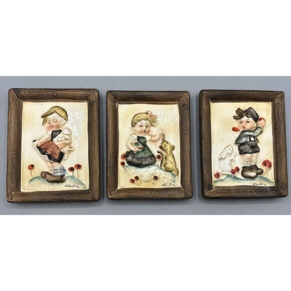 Vtg Set of 3 Napco Japan Ceramic Wall Hanging Norton Girls and Boy - Picture 1 of 8